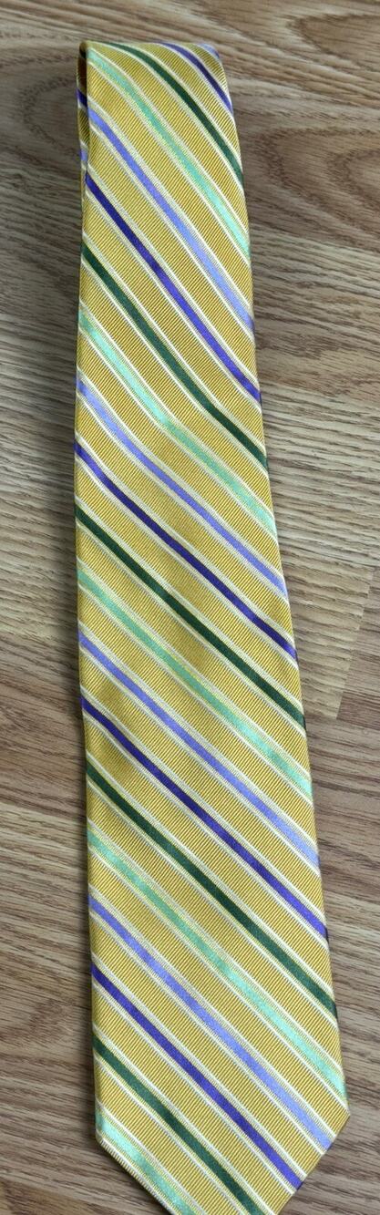 Brooks Brothers Makers Necktie 100% silk Gold Green blue stripes 58.5” Long USA